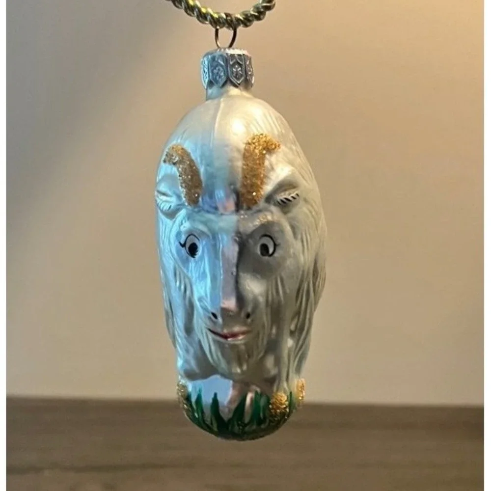 Vintage West Germany Hand Blown Glass Goat Christmas Ornament White Billy Goat